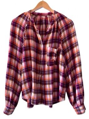 Pilcro x Anthropologie Plaid Gauze Cotton Blouse L | Ruffle Long Sleeve Top